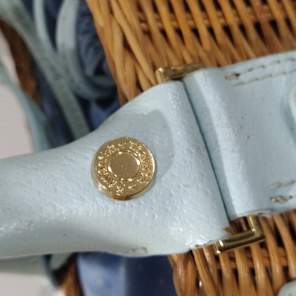 Samantha Thavasa Yellow Straw and Blue Leather Rattan Bag, Drawstring Handbag - Picture 9 of 14